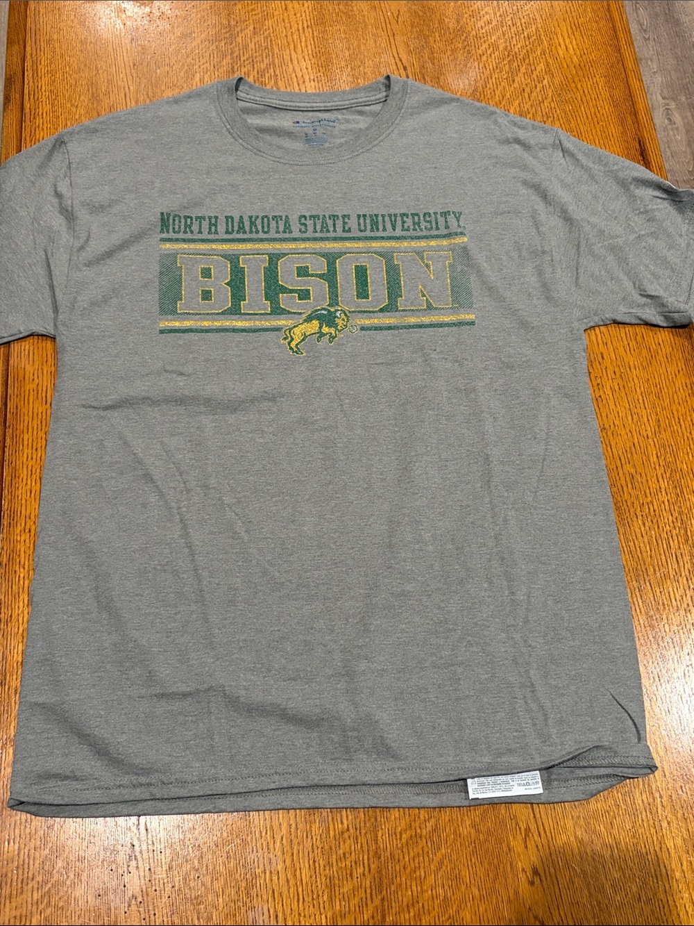 Champion Gray North Dakota State Bison Short Sleeve Tee with Green & Gold Print